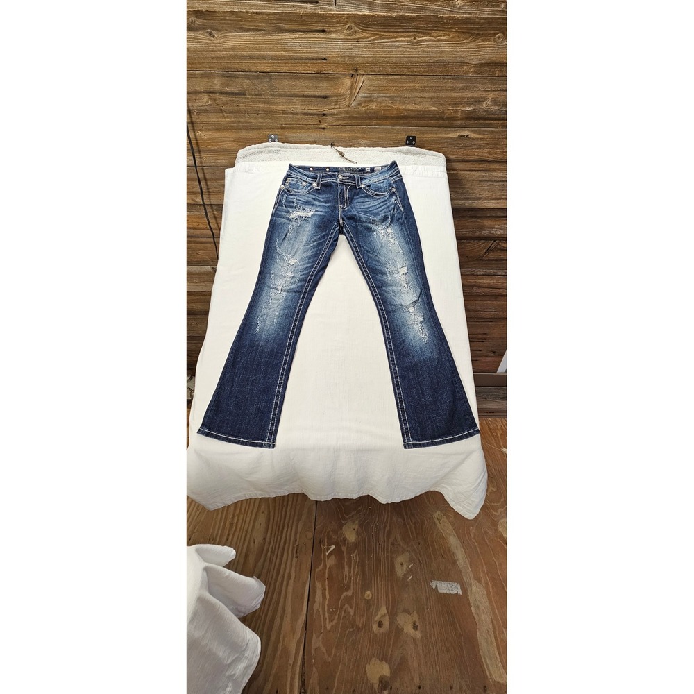Miss Me Signature Slim Boot Distressed Jeans Dark Wash Size 30 Thick Stitching